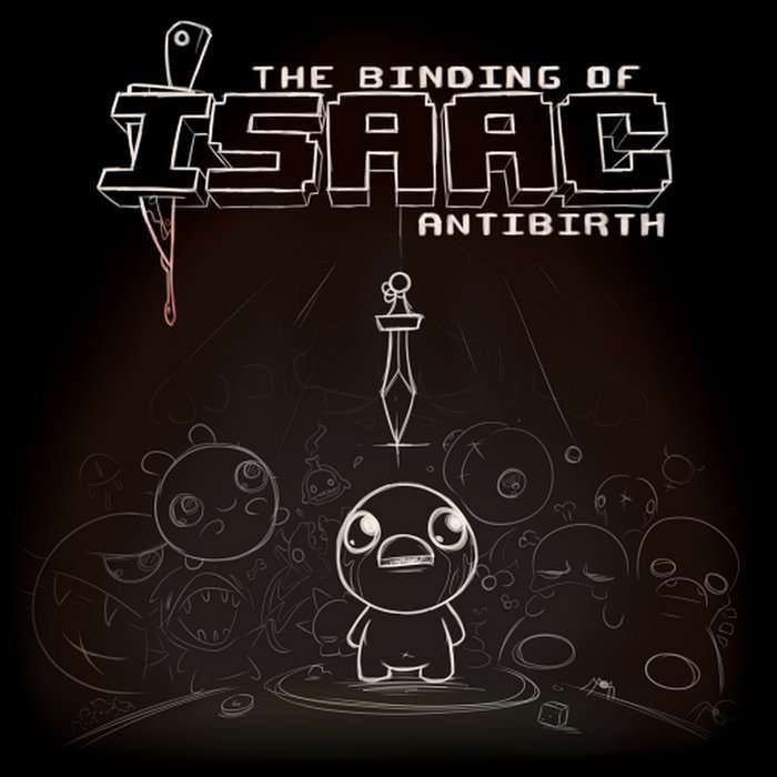 Album cover for TBOI: Antibirth. Featuring the titular small child, isaac, drawn in white outline looking small and scared in the center, looking up at a sword hanging above his head.