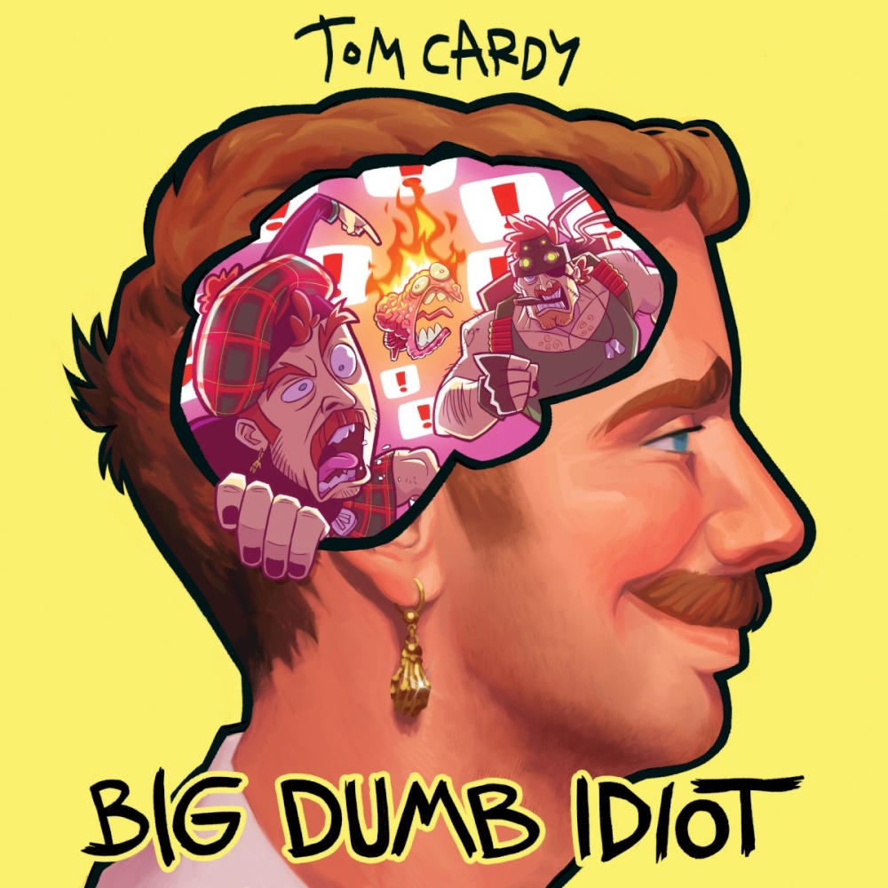 Album cover for tom Cardy's 'big dumb idiot', depicting a side profile cross section of his head, with screaming pilots inside