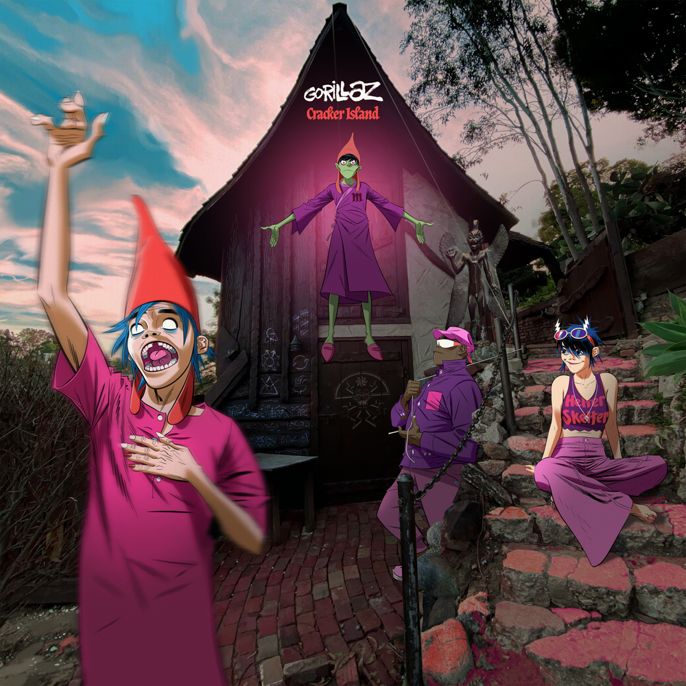 Album cover for Cracker Island, featuring the four animated members of the band, in front of a purple barn like building.