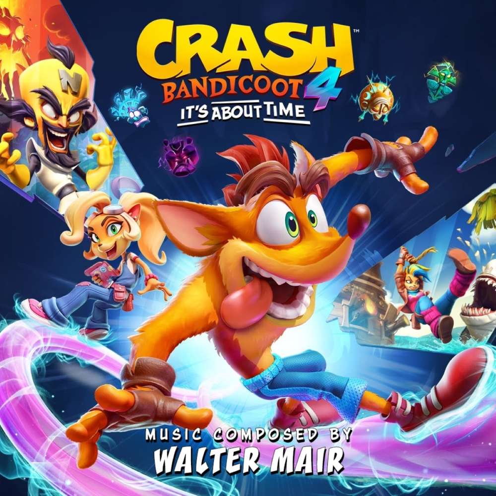 Album art for Crash Bandicoot 4: It's about time, featuring the titular orange furry cartoon creature, tounge lolling out, grinding on some sort of purple energy rail