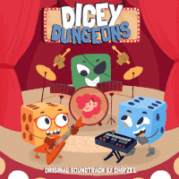 Image flips between the album covers for Dicey Dungeons and it's expansions, featuring dice with cartoon style faces and limbs