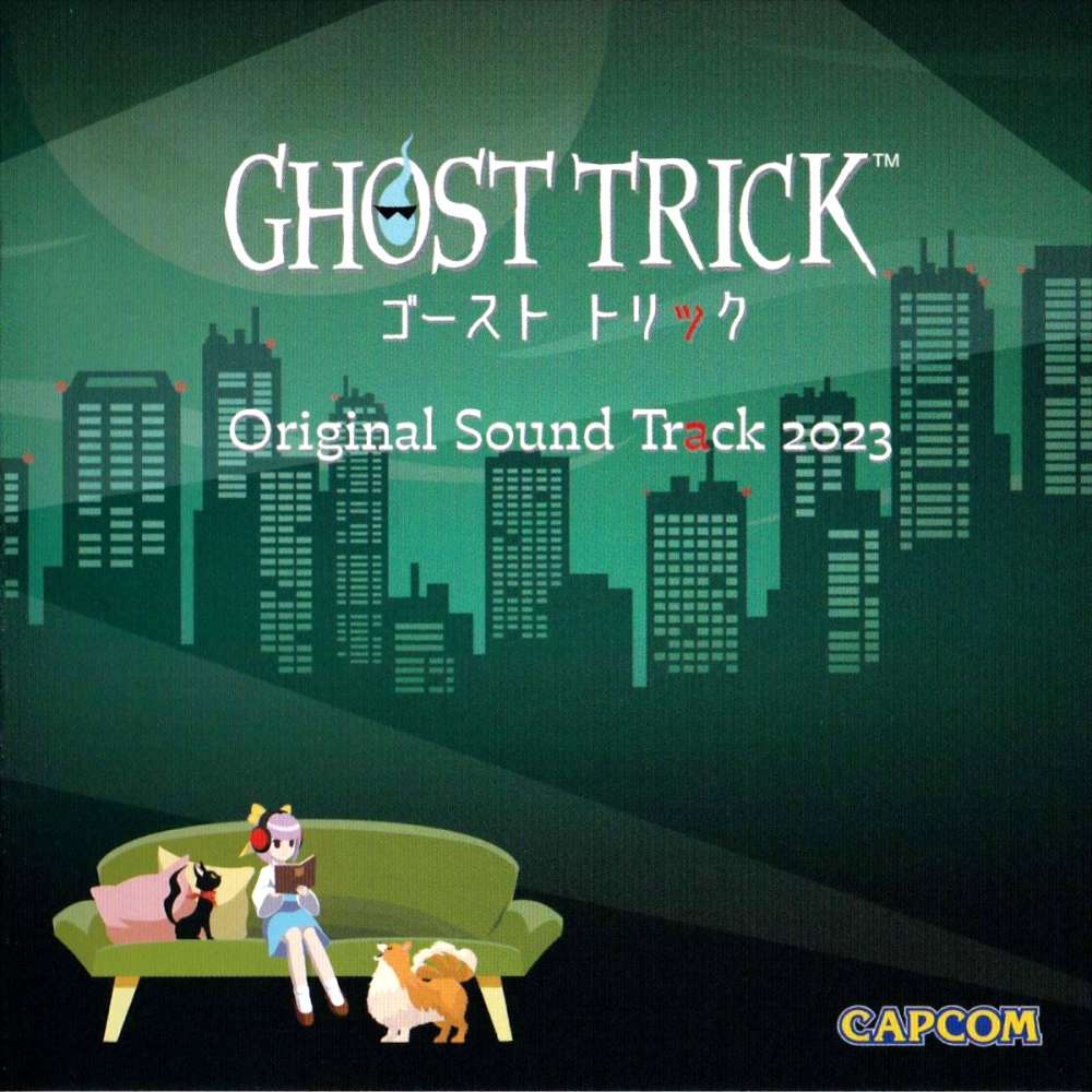Album art for the Ghost Trick OST, featuring a simplistic flat city skyline, and a girl in the forground sitting on a couch next to a cat, reading. A dog sits at her feet.