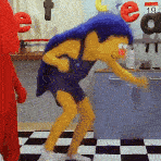 Animation of a person in a yellow bodysuit and blue suspenders wearing a mascot head, dancing. It is very sped up.