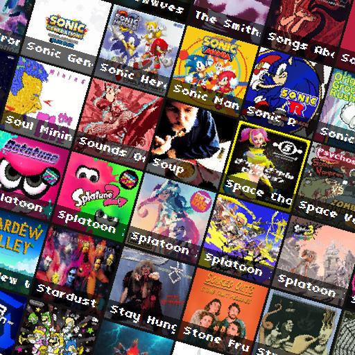 A square grid of album covers, including some Splatoon soundtracks, Sonic the Hedgehog soundtracks, and others.