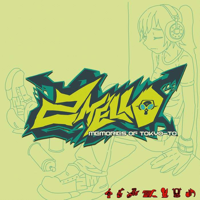 Album cover for Memories of Tokyo-To, featuring '2 Mello' in large grafiti styled letters in the center, with an anime styled girl drawn in outline listening to music in the backgorund.