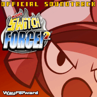 Image flips between the album covers for the two mighty switch force games, both showing half of a cartoon character's face, one in blue, the other in red