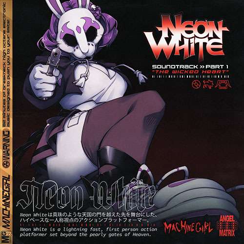 Album cover for Neon White, featuring a girl in a purple skirt and hoodie wearing a rabbit mask, looking down at you, aiming a gun.