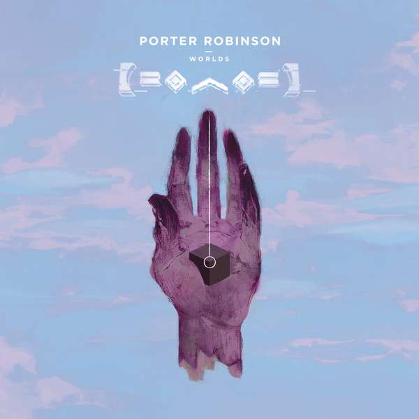 Album cover for Worlds, featuring a purple hand floating in a blue sky, with a black cube in it's palm.