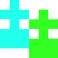 a collection of few pixels, arranged in the shape of a silhouette of two people, in green and blue